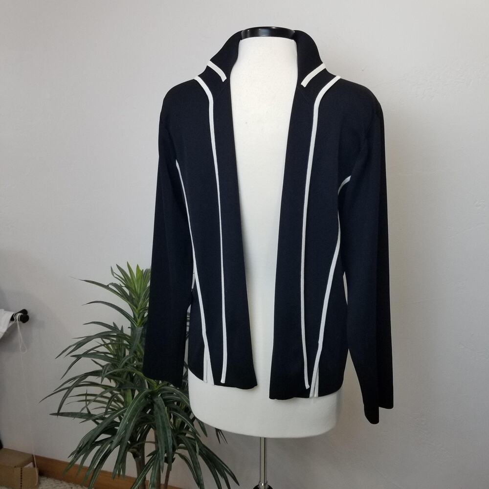Misook Cardigan Sweater Womens XL Black White Knit Open Front Piped Jacket